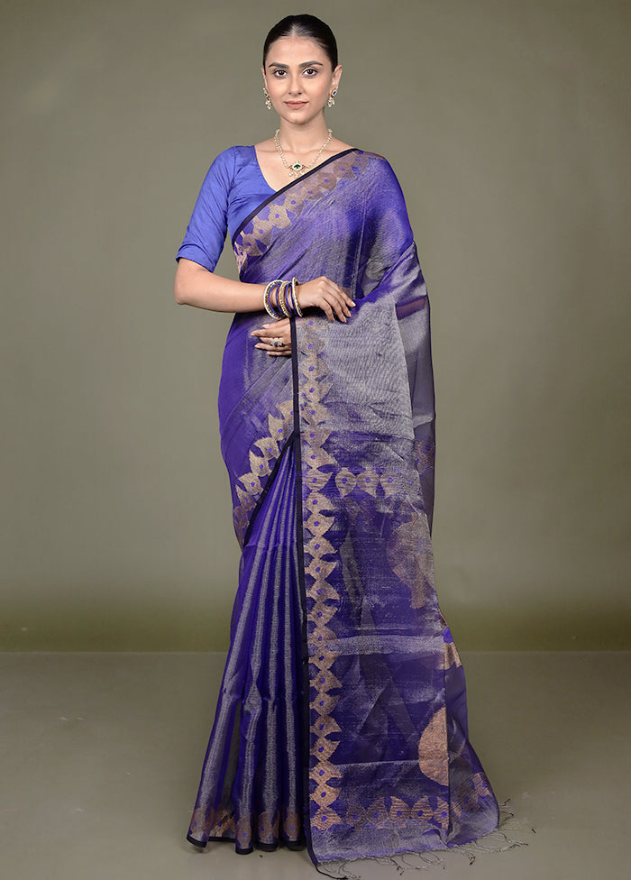 Blue Handloom Matka Pure Silk Saree With Blouse Piece
