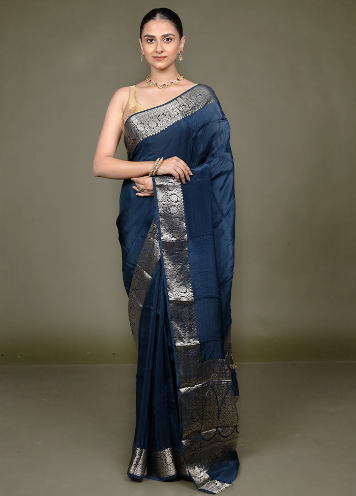 Blue Chiffon Silk Saree With Blouse Piece