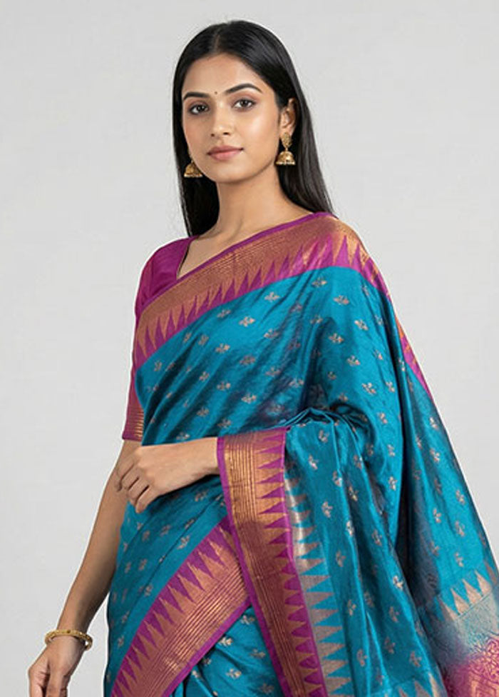 Blue Dupion Silk Saree With Blouse Piece