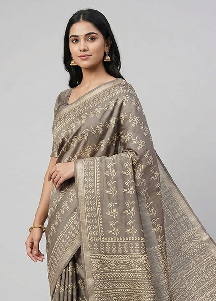 Cream Printed Silk Saree Without Blouse Piece