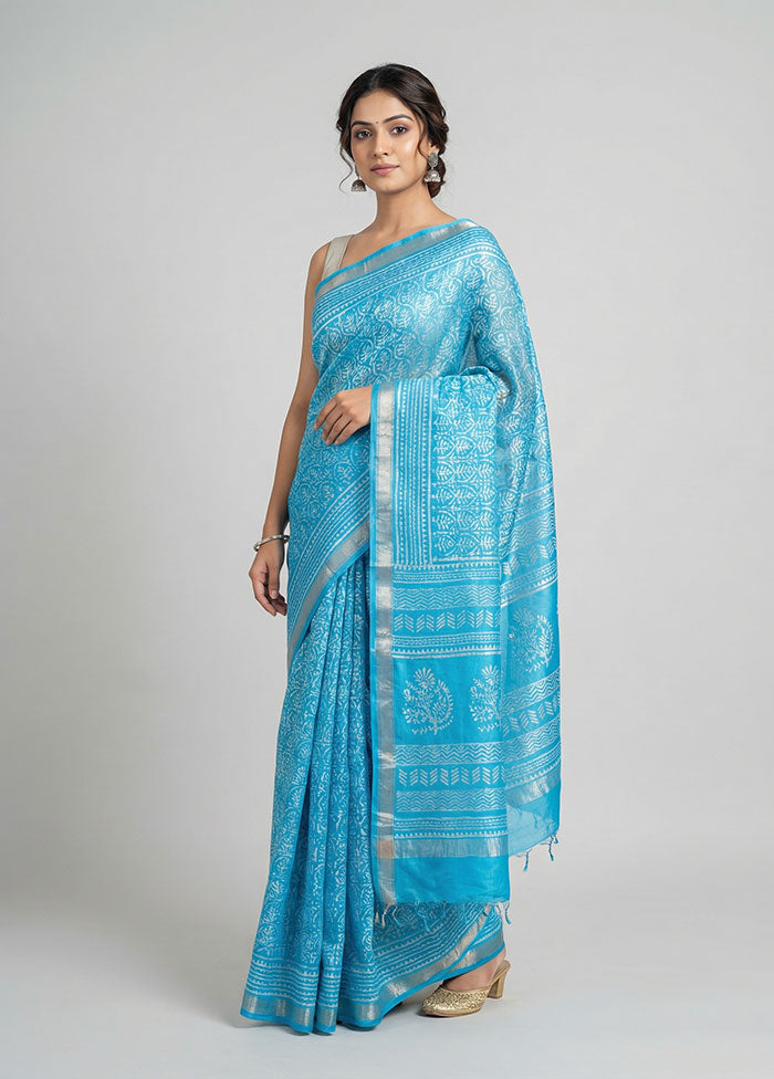 Blue Printed Silk Saree Without Blouse Piece