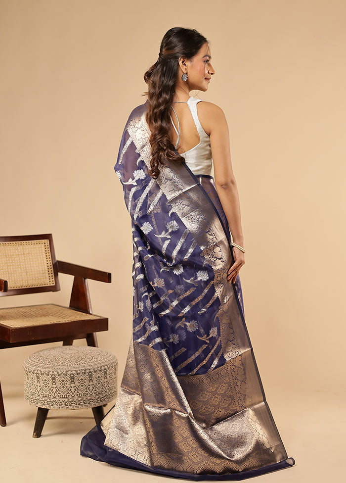 Blue Organza Saree With Blouse Piece