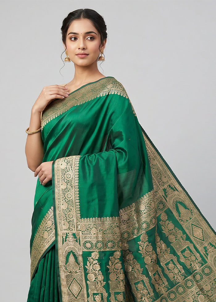 Green Banarasi Silk Saree With Blouse Piece