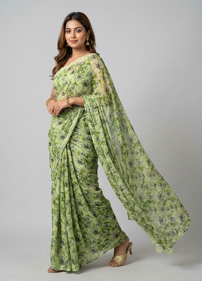 Green Chiffon Silk Saree With Blouse Piece
