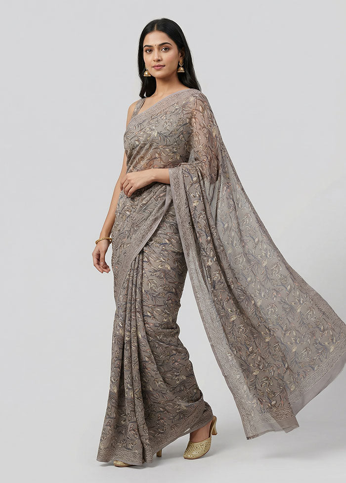 Grey Chiffon Silk Saree With Blouse Piece