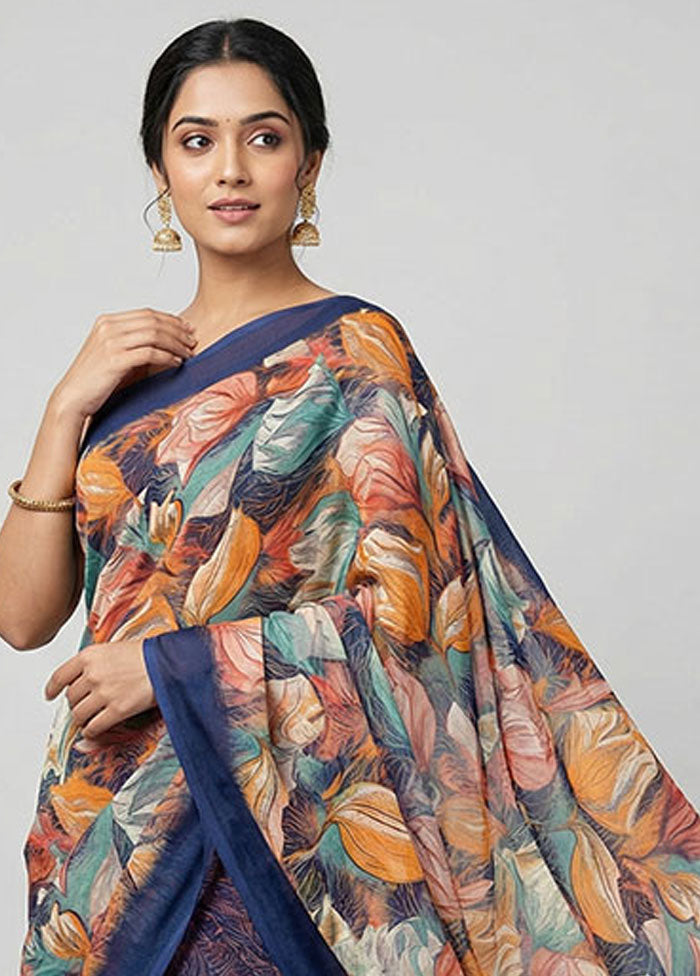 Blue Chiffon Silk Saree With Blouse Piece
