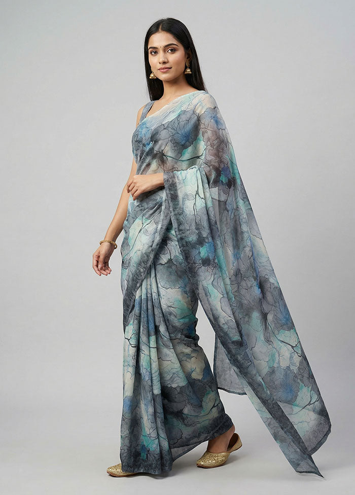 Grey Chiffon Silk Saree With Blouse Piece