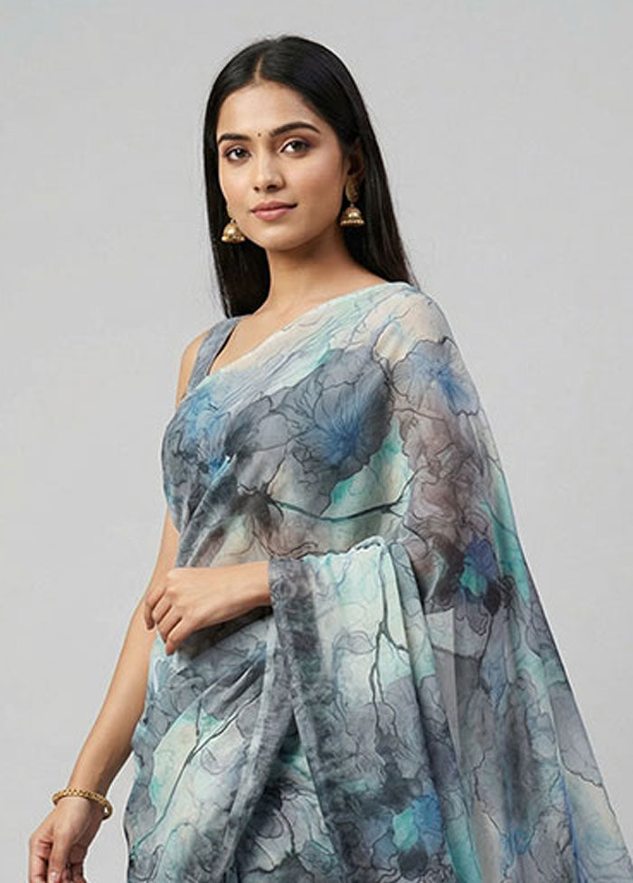 Grey Chiffon Silk Saree With Blouse Piece