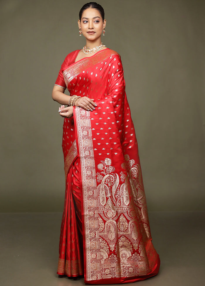 Red Banarasi Silk Saree With Blouse Piece