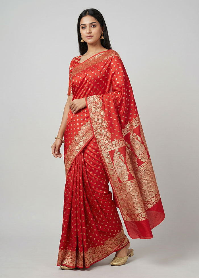 Red Banarasi Silk Saree With Blouse Piece
