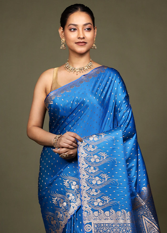 Blue Banarasi Silk Saree With Blouse Piece