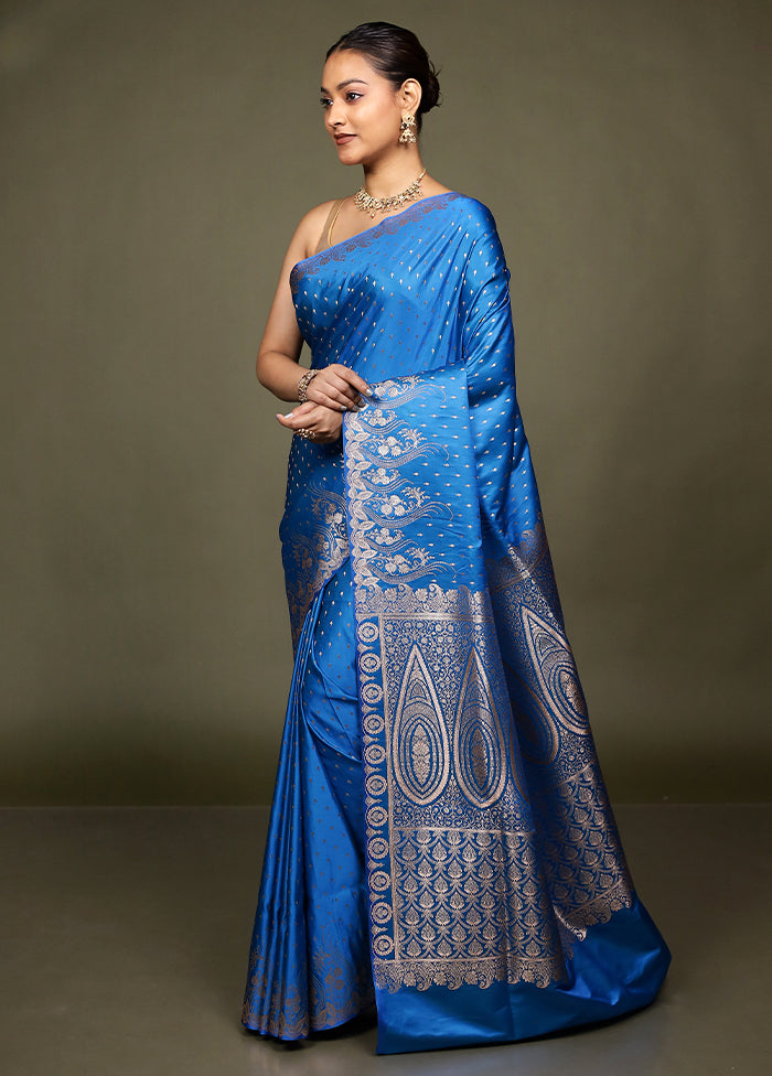 Blue Banarasi Silk Saree With Blouse Piece