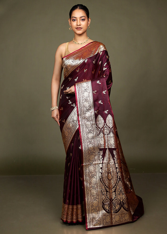 Maroon Banarasi Silk Saree With Blouse Piece