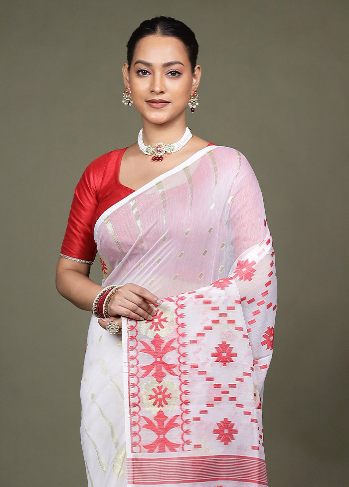 White Jamdani Cotton Saree Without Blouse Piece
