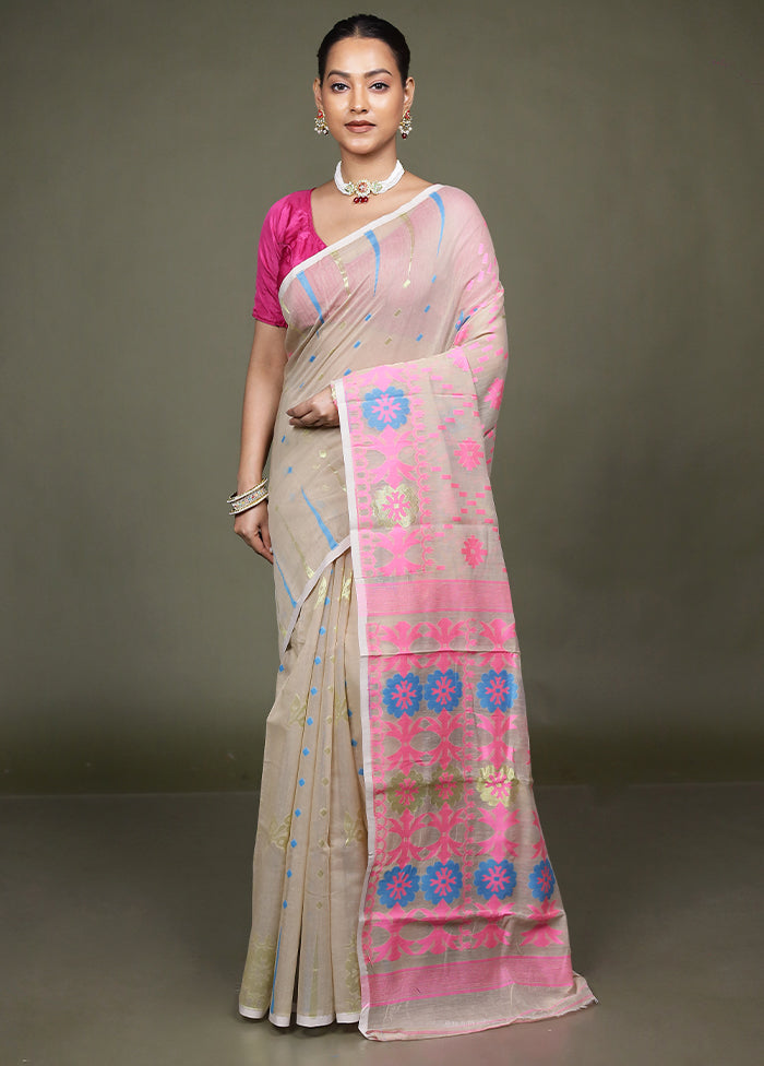 Cream Jamdani Cotton Saree Without Blouse Piece