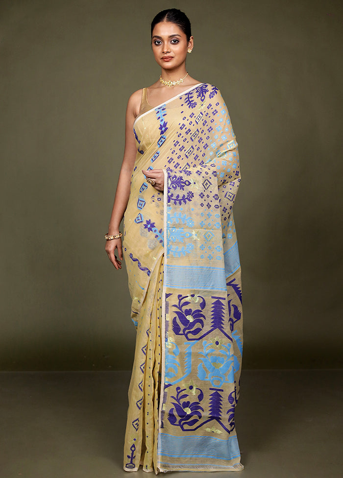 Cream Jamdani Cotton Saree Without Blouse Piece