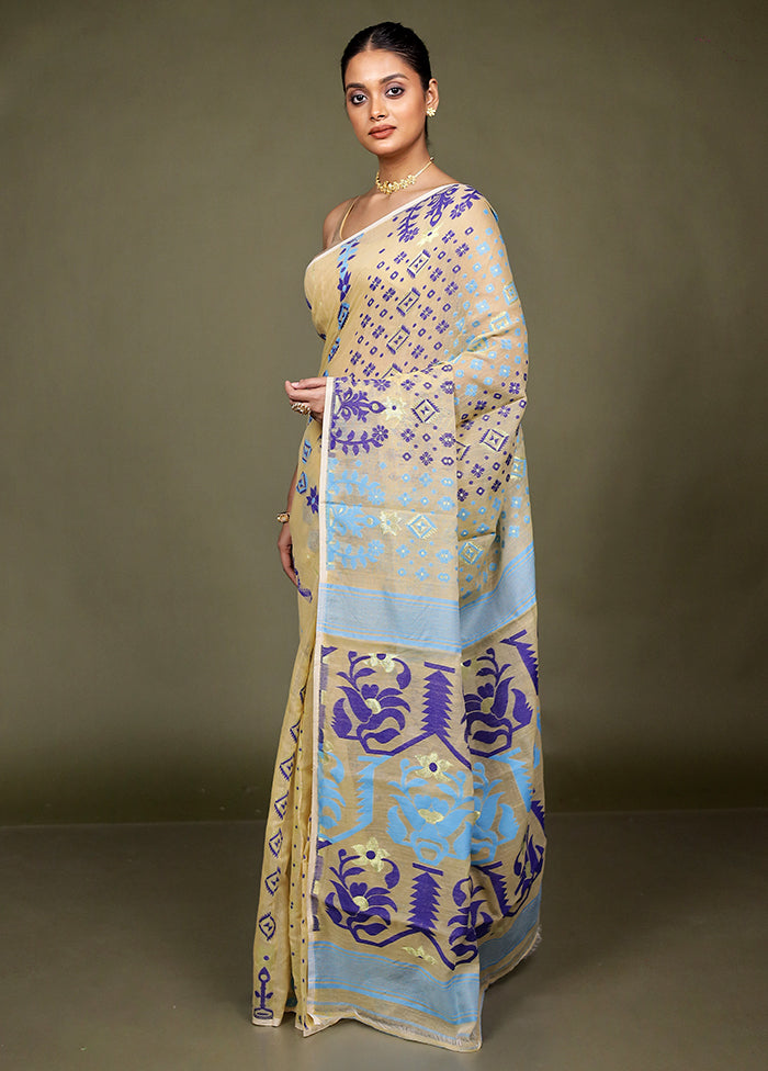 Cream Jamdani Cotton Saree Without Blouse Piece