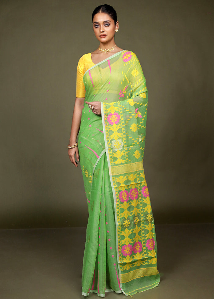 Green Tant Jamdani Saree Without Blouse Piece