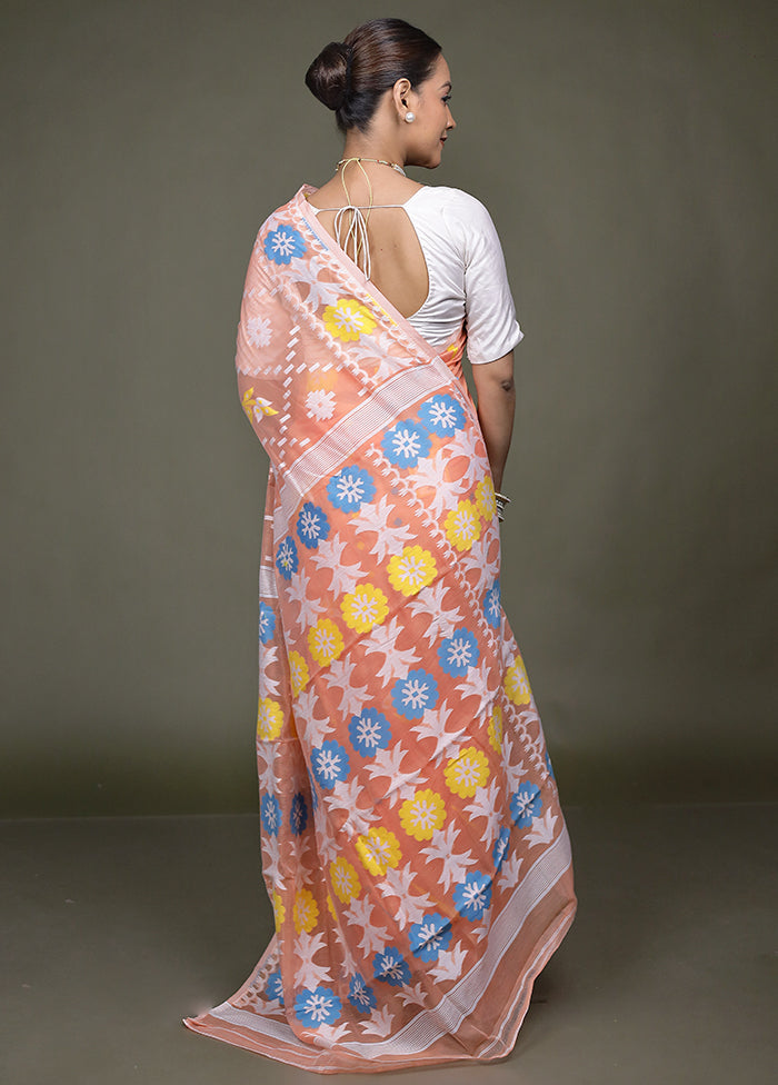 Peach Tant Jamdani Saree Without Blouse Piece