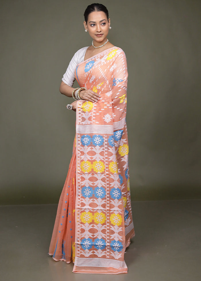 Peach Tant Jamdani Saree Without Blouse Piece