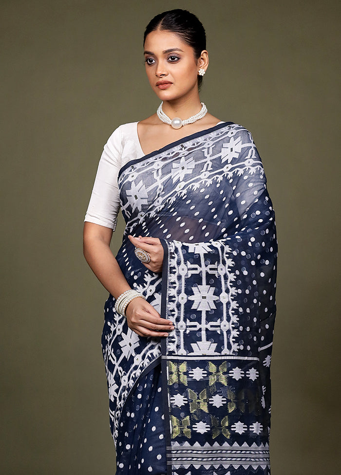 Blue Jamdani Cotton Saree Without Blouse Piece