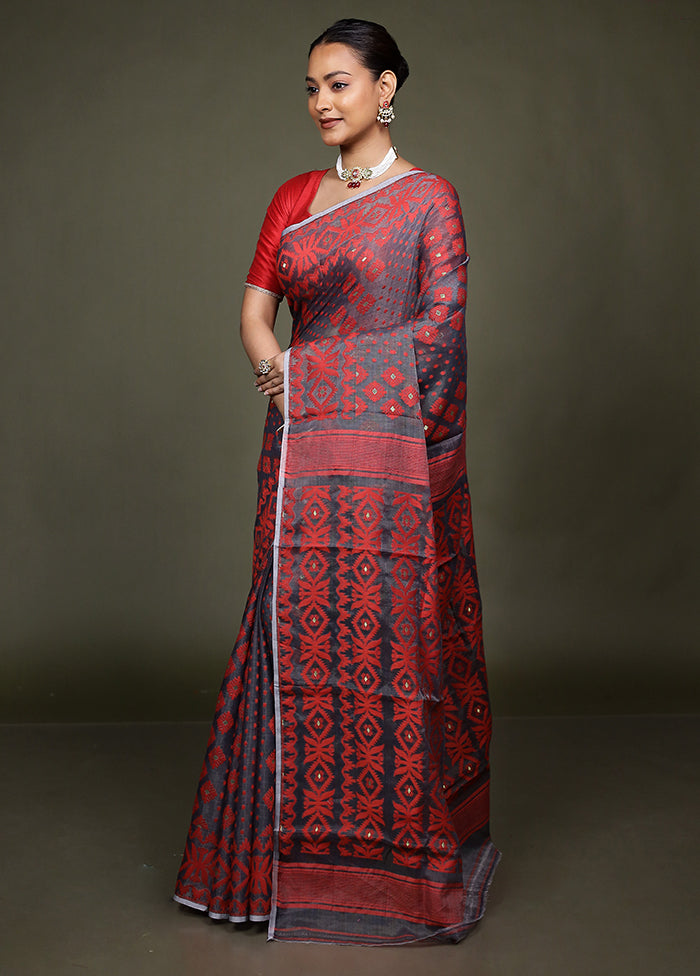 Grey Jamdani Cotton Saree Without Blouse Piece