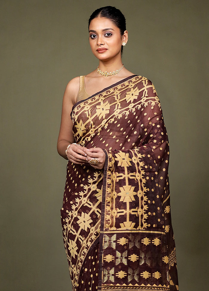 Maroon Jamdani Cotton Saree Without Blouse Piece