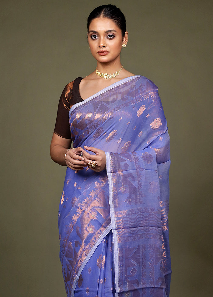 Blue Tant Jamdani Saree Without Blouse Piece