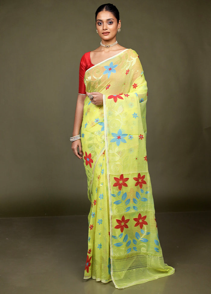 Yellow Jamdani Cotton Saree Without Blouse Piece