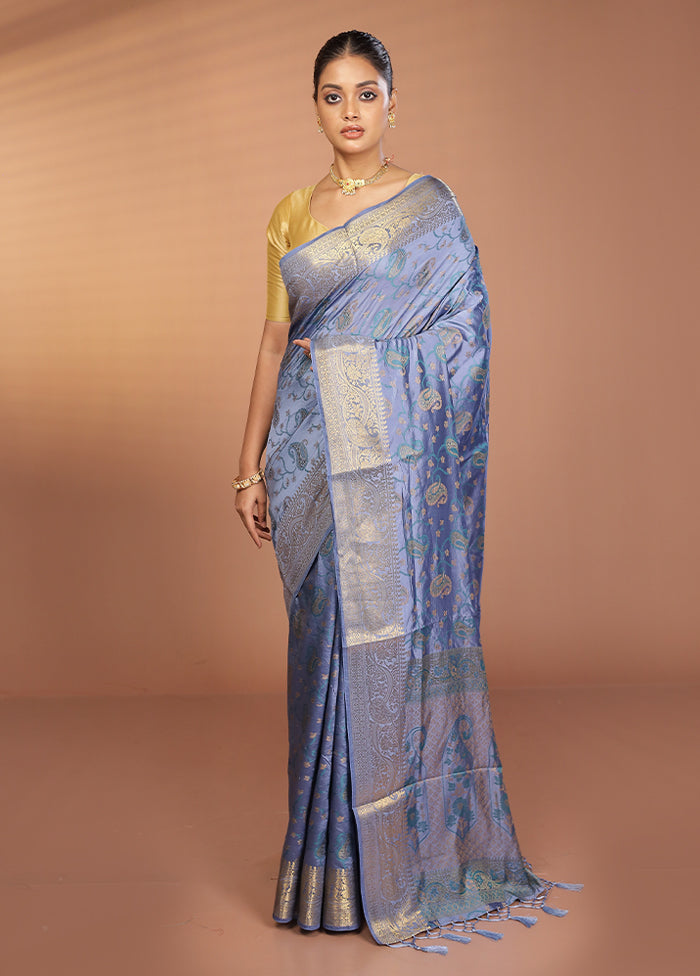 Blue Dupion Silk Saree With Blouse Piece