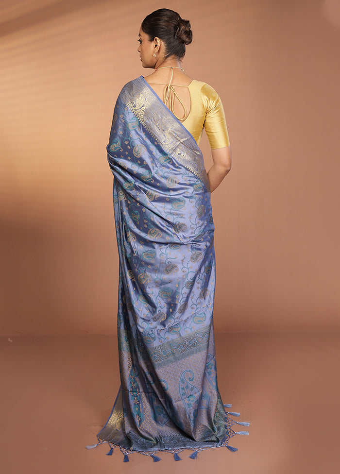 Blue Dupion Silk Saree With Blouse Piece