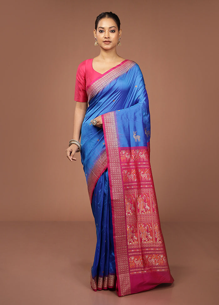 Blue Handloom Bomkai Pure Silk Saree With Blouse Piece
