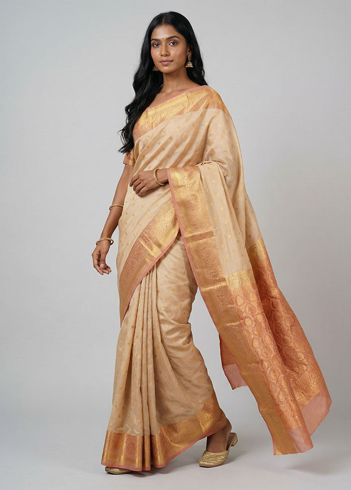 Cream Handloom Kanjivaram Pure Silk Saree With Blouse Piece