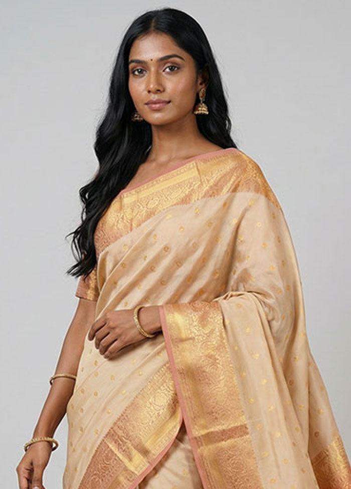 Cream Handloom Kanjivaram Pure Silk Saree With Blouse Piece