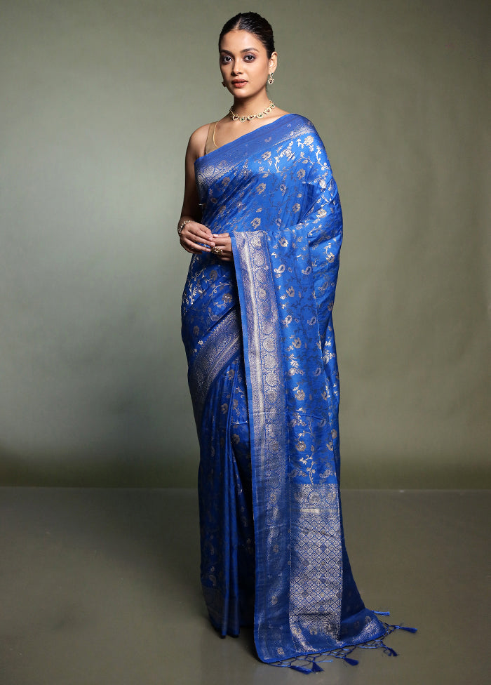 Blue Dupion Silk Saree With Blouse Piece