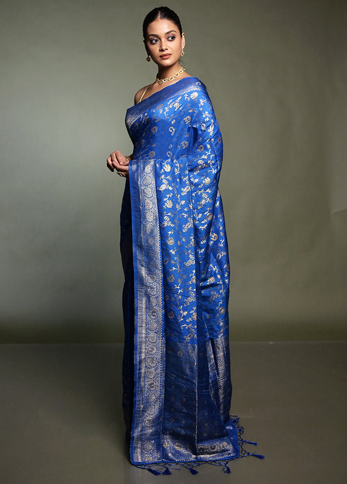 Blue Dupion Silk Saree With Blouse Piece