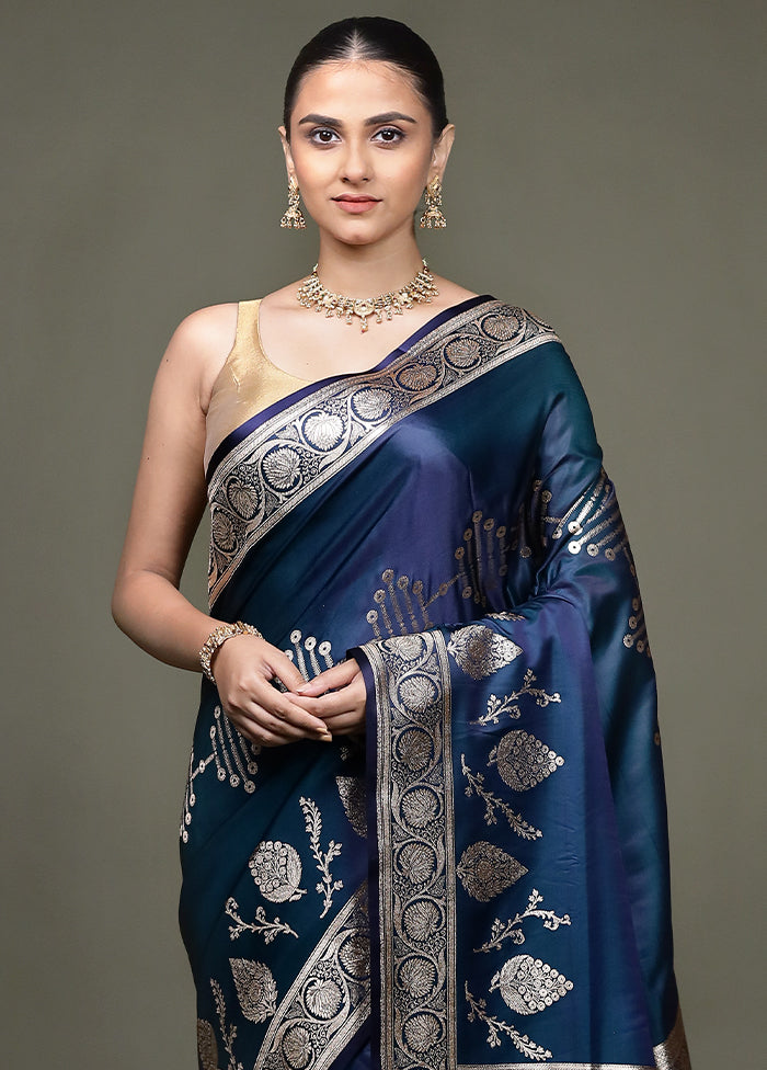 Blue Banarasi Silk Saree With Blouse Piece