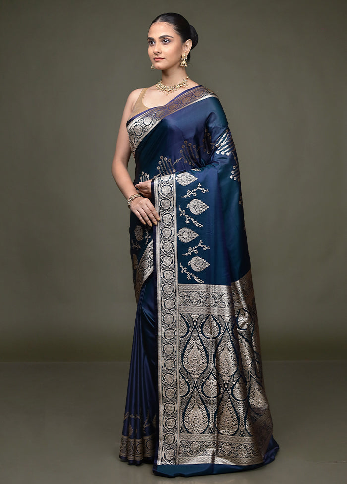 Blue Banarasi Silk Saree With Blouse Piece