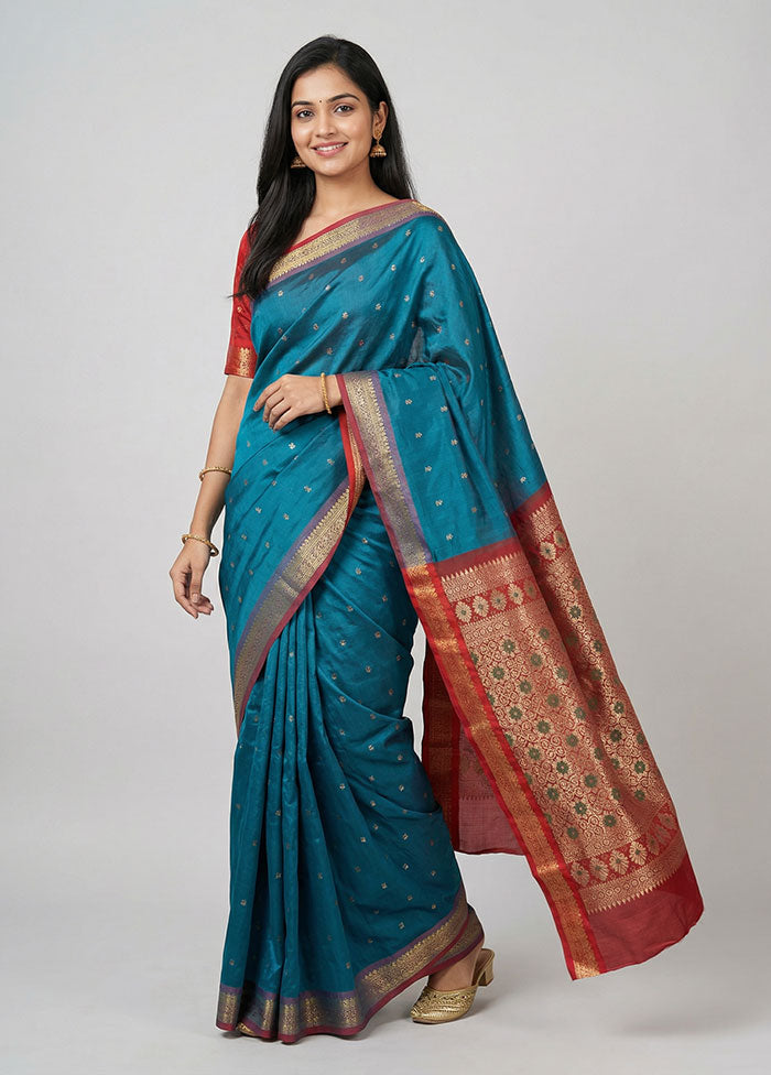 Blue Kanjivaram Silk Saree With Blouse Piece
