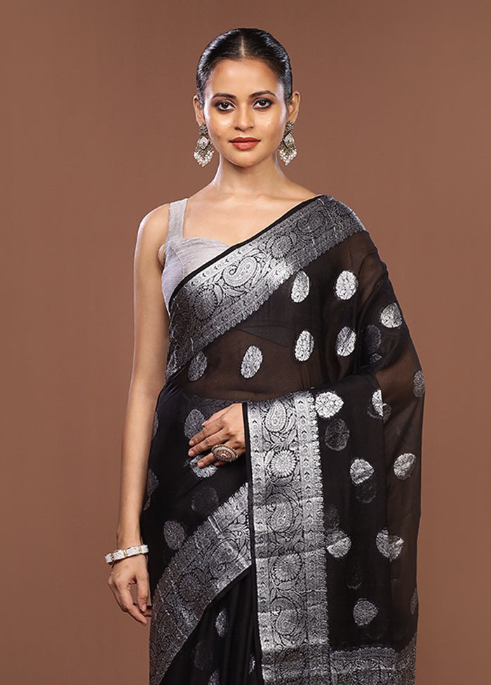 Black Handloom Kora Silk Saree With Blouse Piece