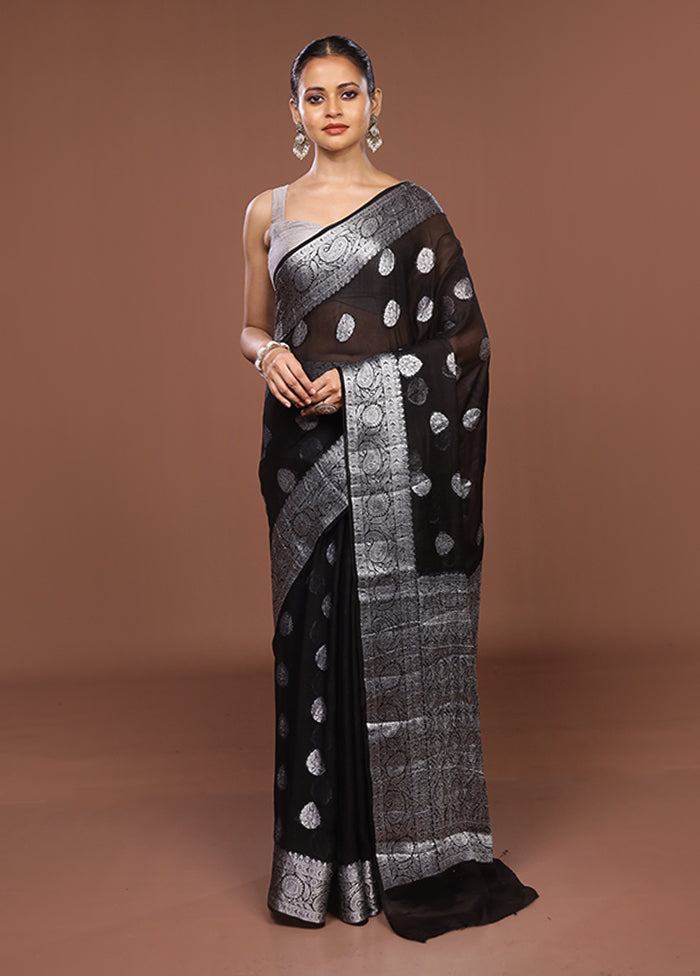 Black Handloom Kora Silk Saree With Blouse Piece