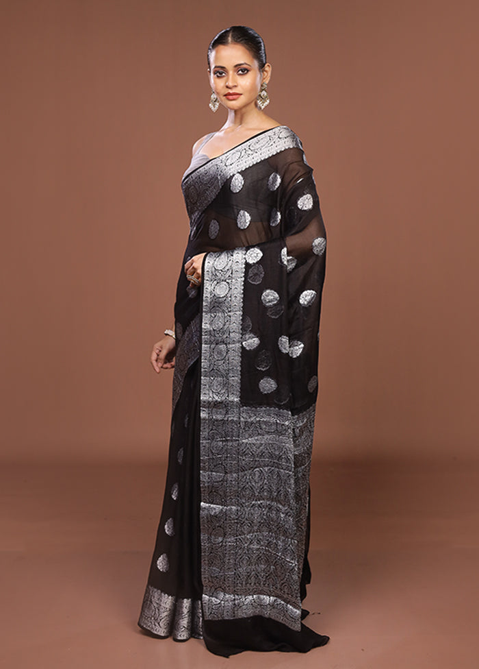 Black Handloom Kora Silk Saree With Blouse Piece