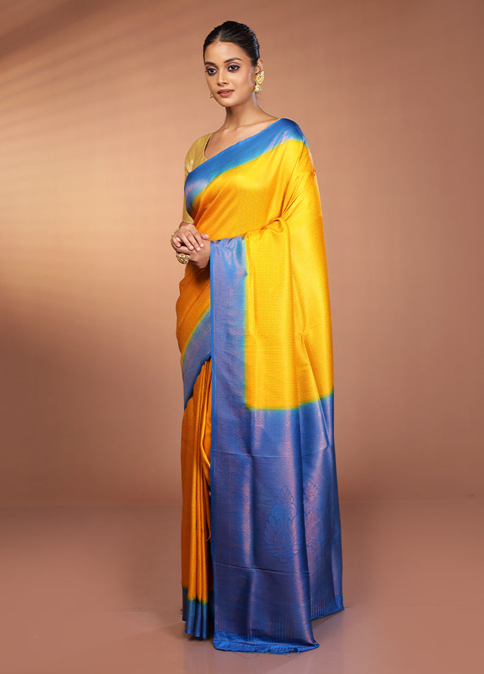 Yellow Dupion Silk Saree With Blouse Piece