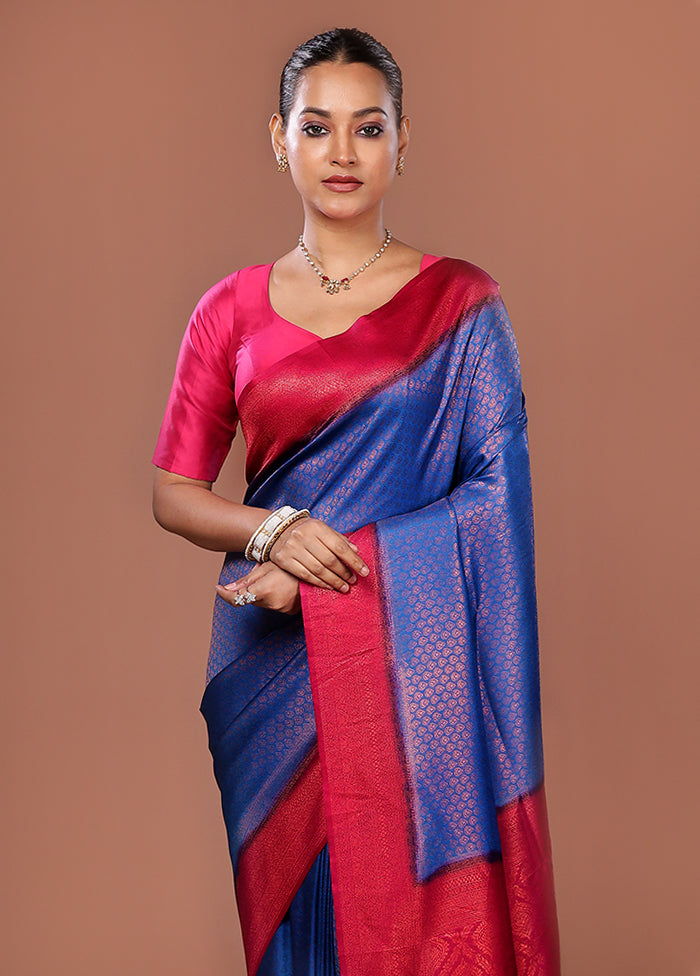 Blue Dupion Silk Saree With Blouse Piece