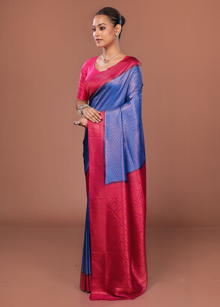 Blue Dupion Silk Saree With Blouse Piece