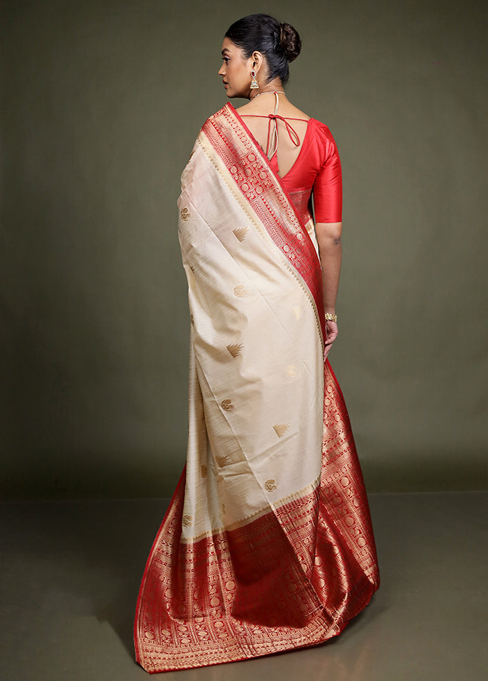 Cream Dupion Silk Saree With Blouse Piece
