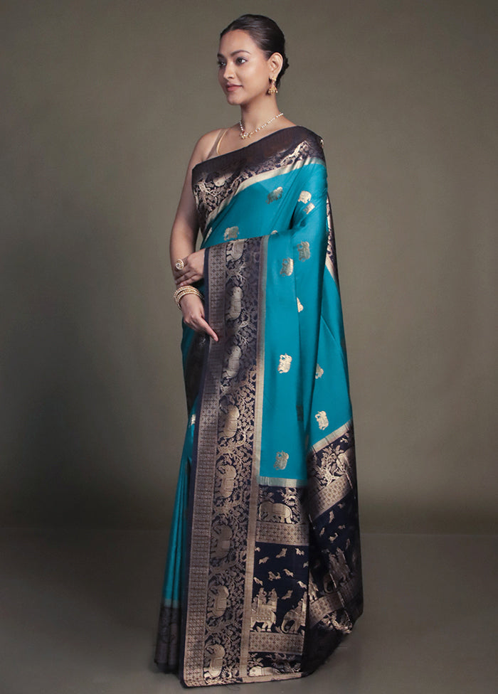 Blue Dupion Silk Saree With Blouse Piece