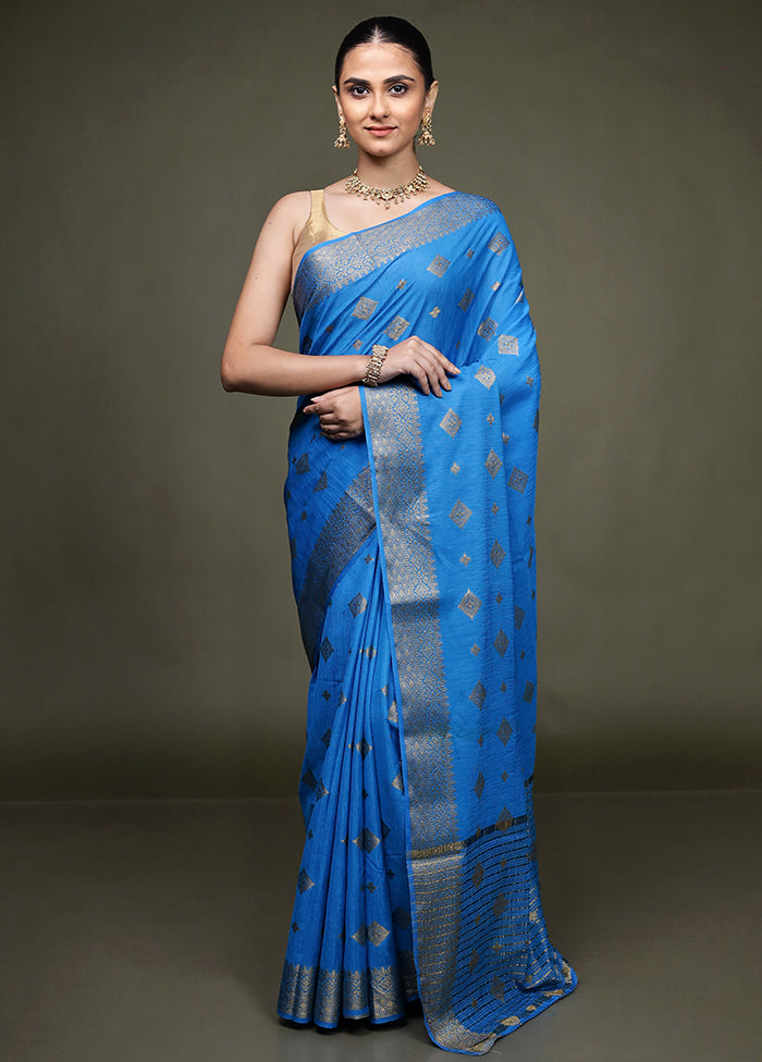 Blue Dupion Silk Saree With Blouse Piece