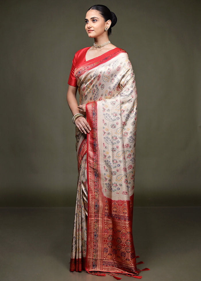 Cream Dupion Silk Saree With Blouse Piece