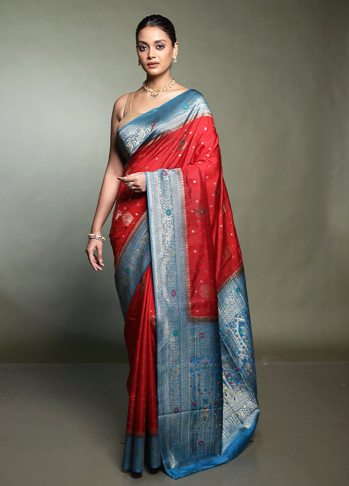 Red Dupion Silk Saree With Blouse Piece